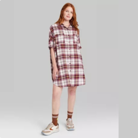 Ascot & Hart NWT Women's XS Purple Brown Plaid Graphic Button Down Shirt Dress - Picture 1 of 5